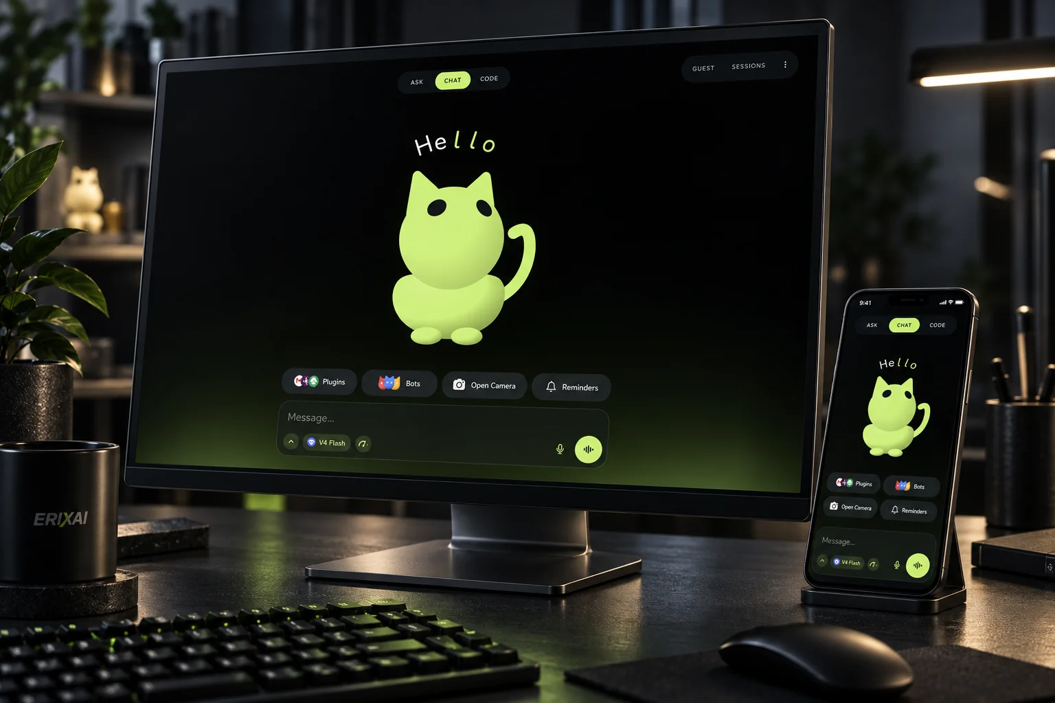 Generated ERIXAI product artwork based on the real interface, presented on a graphite monitor and phone in a cinematic studio