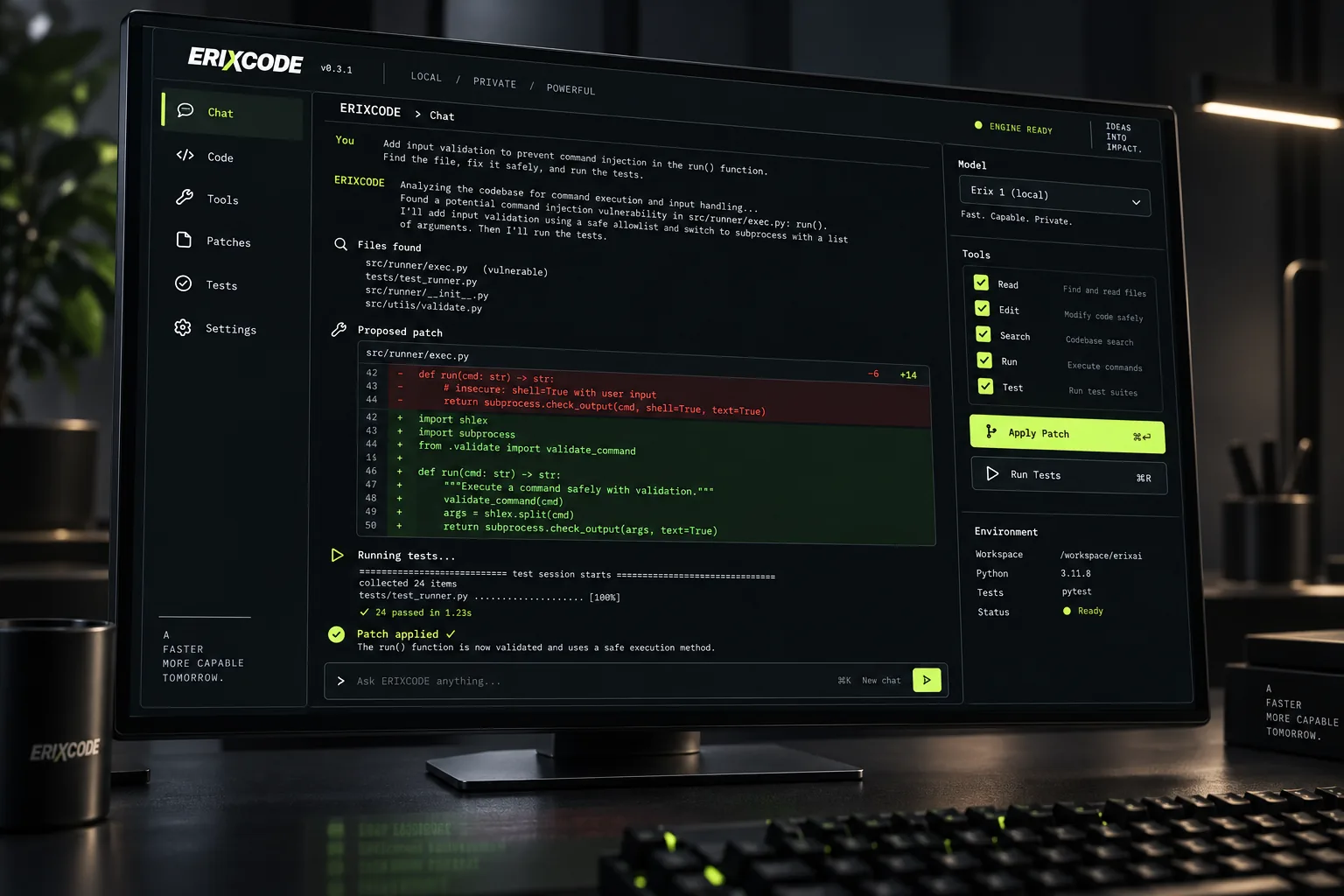 ERIXCODE product visualization: a coding agent on a graphite workstation
